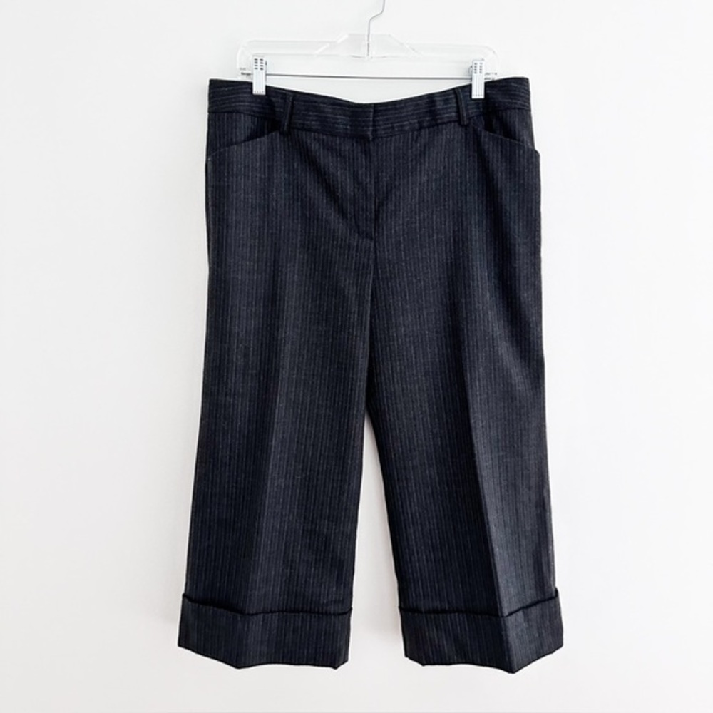 Elie Tahari Pinstriped Charcoal Wool Cropped Wide Leg Trouser - Size 14